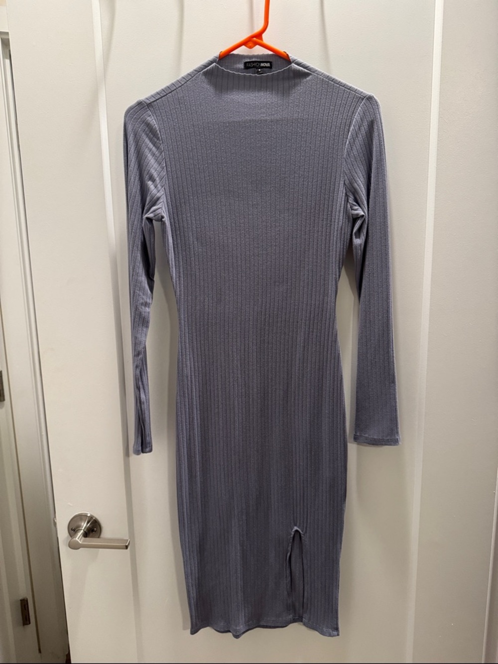 Fashion Nova Ribbed Long-Sleeve Midi Dress in Light Blue-Gray